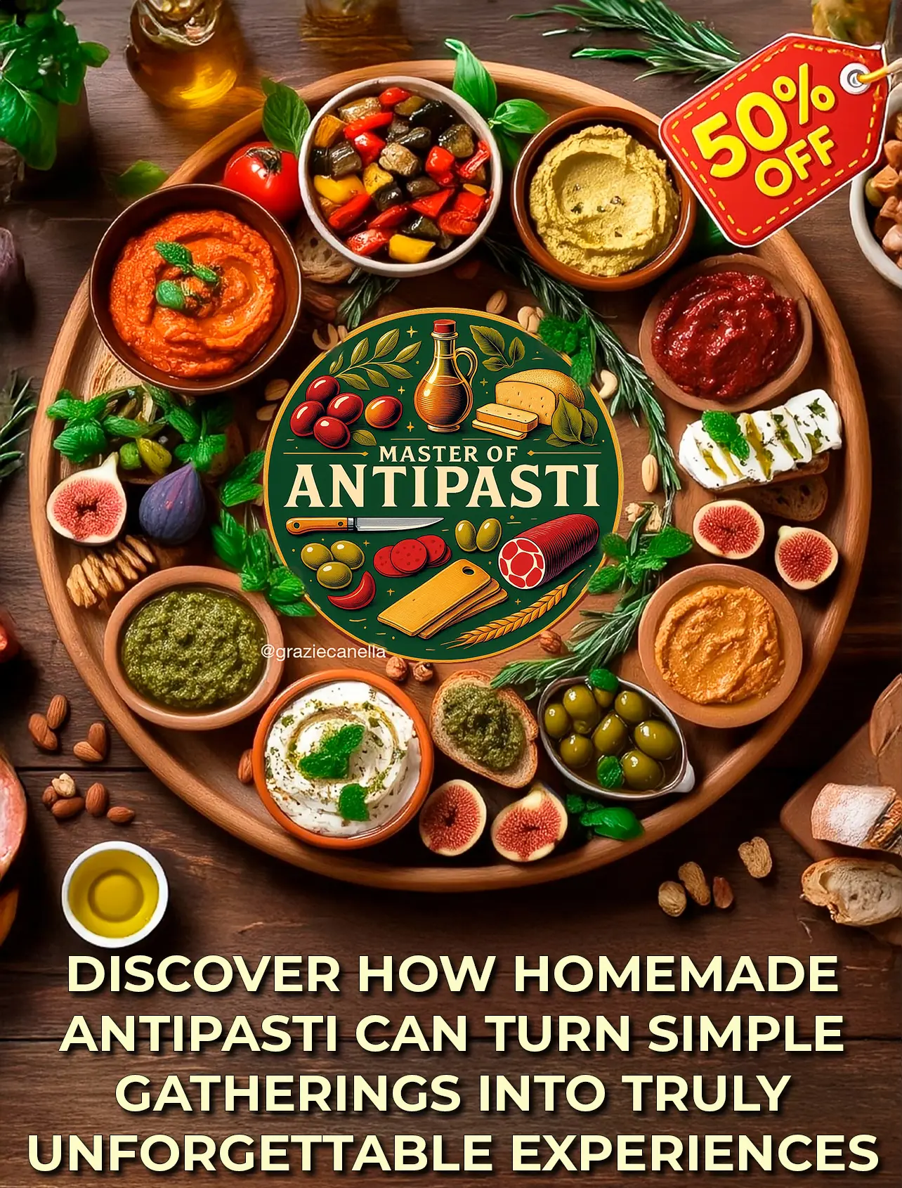 Large wooden tray with assorted antipasti dips, cheeses, olives, and figs around the Master of Antipasti logo. Promotional text: "Discover how homemade antipasti can turn simple gatherings into truly unforgettable experiences". Label showing 50% off.