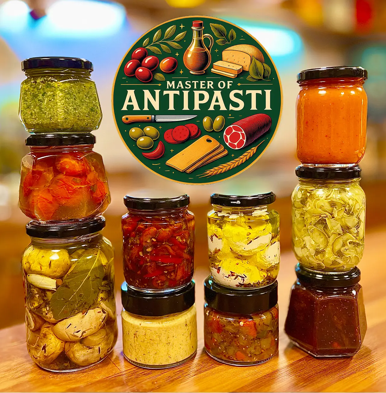Stack of antipasti jars with Master of Antipasti logo in the center.