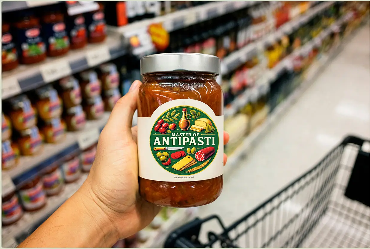 Hand holding antipasti jar with Master of Antipasti label in a grocery store.