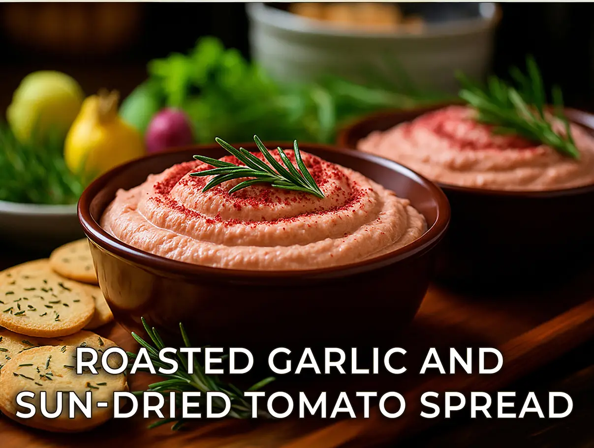 Roasted garlic and sun-dried tomato spread garnished with rosemary.