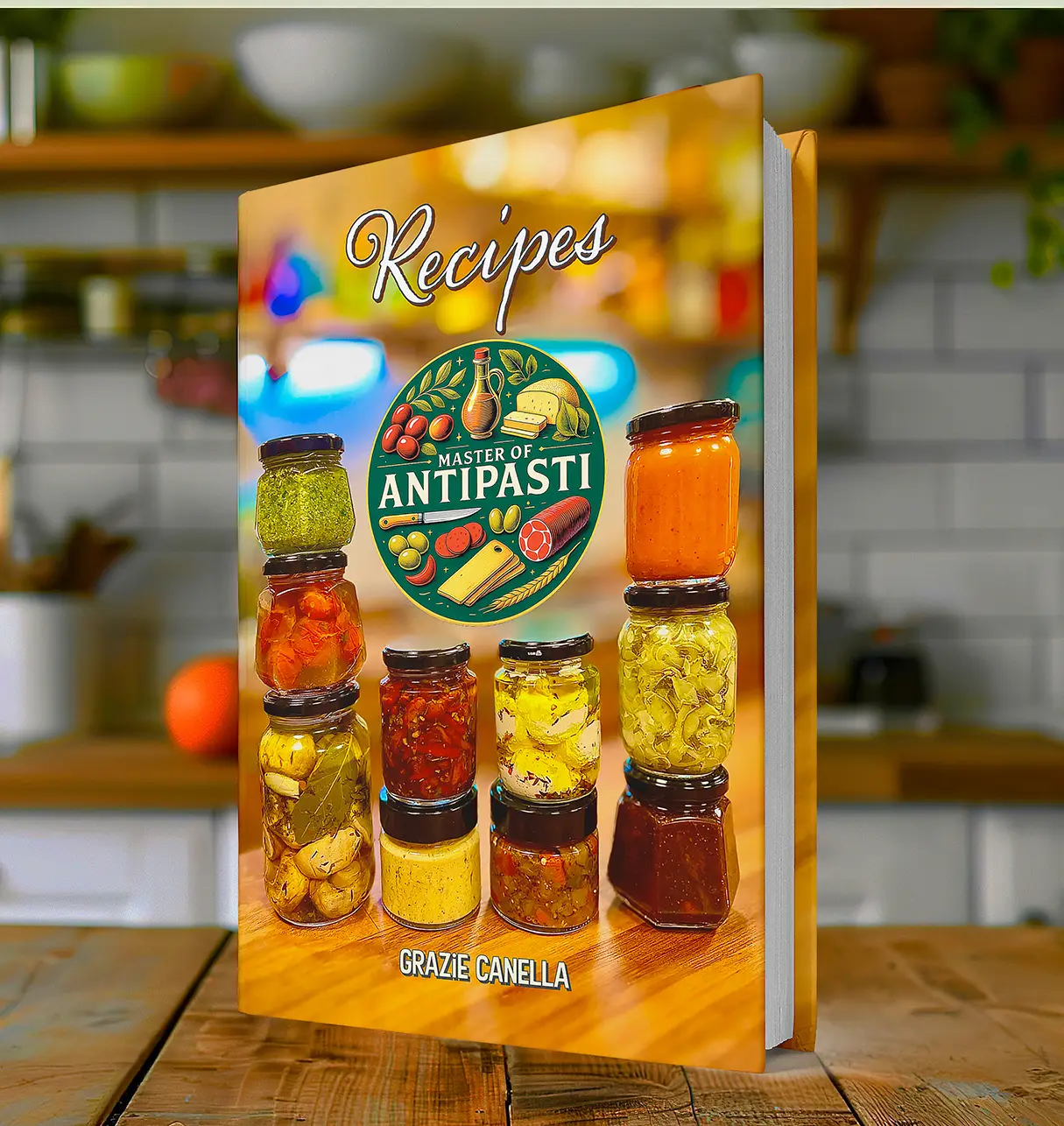 Digital cover of the Master of Antipasti recipe ebook with jars and title