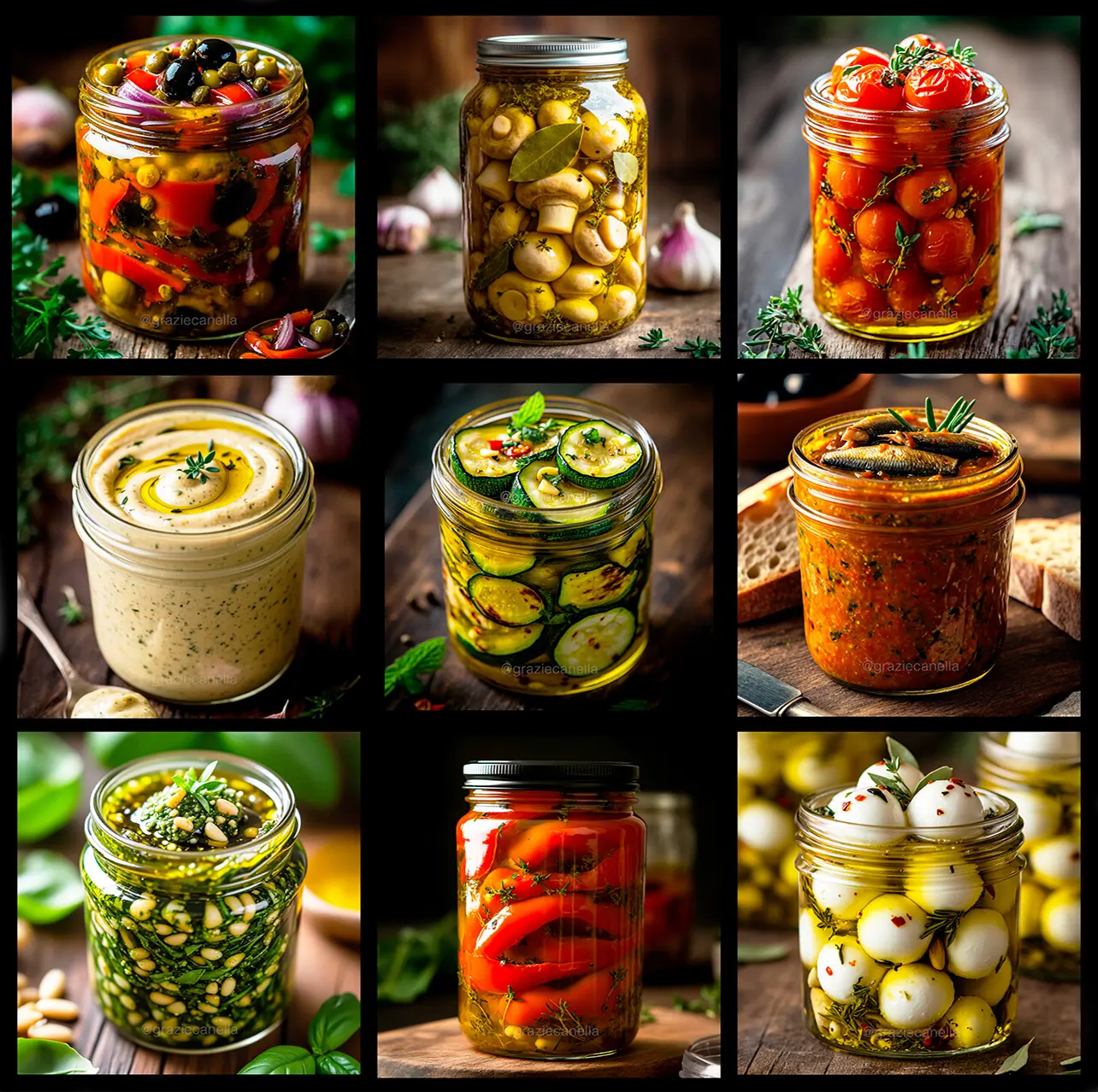 Nine glass jars filled with colorful homemade antipasti, including roasted peppers, marinated mushrooms, cherry tomatoes, spreads, pesto, zucchini, and mozzarella balls, all arranged in a grid.