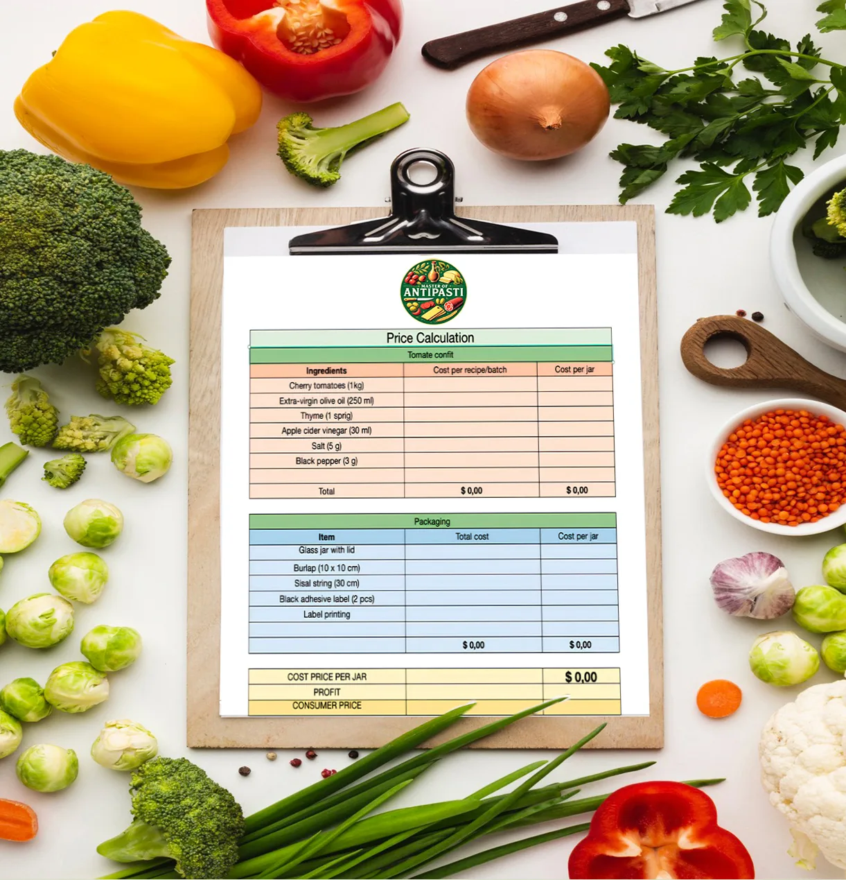 Printed cost spreadsheet for tomato confit surrounded by vegetables.