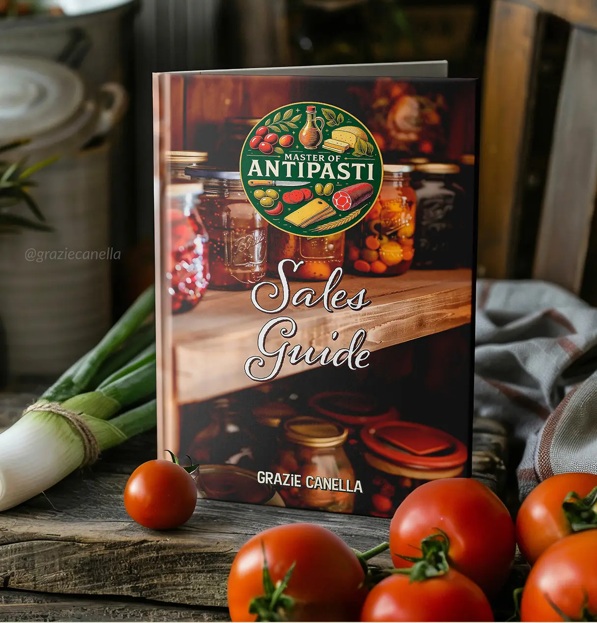 Book titled "Sales Guide" by Grazie Canella from the Master of Antipasti series, displayed upright on a rustic wooden table, surrounded by tomatoes, a leek, and kitchen linens.