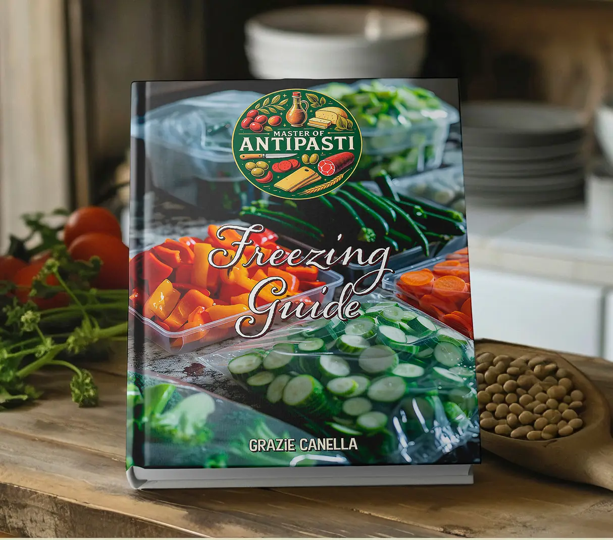 Book titled "Freezing Guide" by Grazie Canella from the Master of Antipasti series, placed on a rustic kitchen counter with visible vegetables like bell peppers, cucumbers, and string beans in plastic containers.