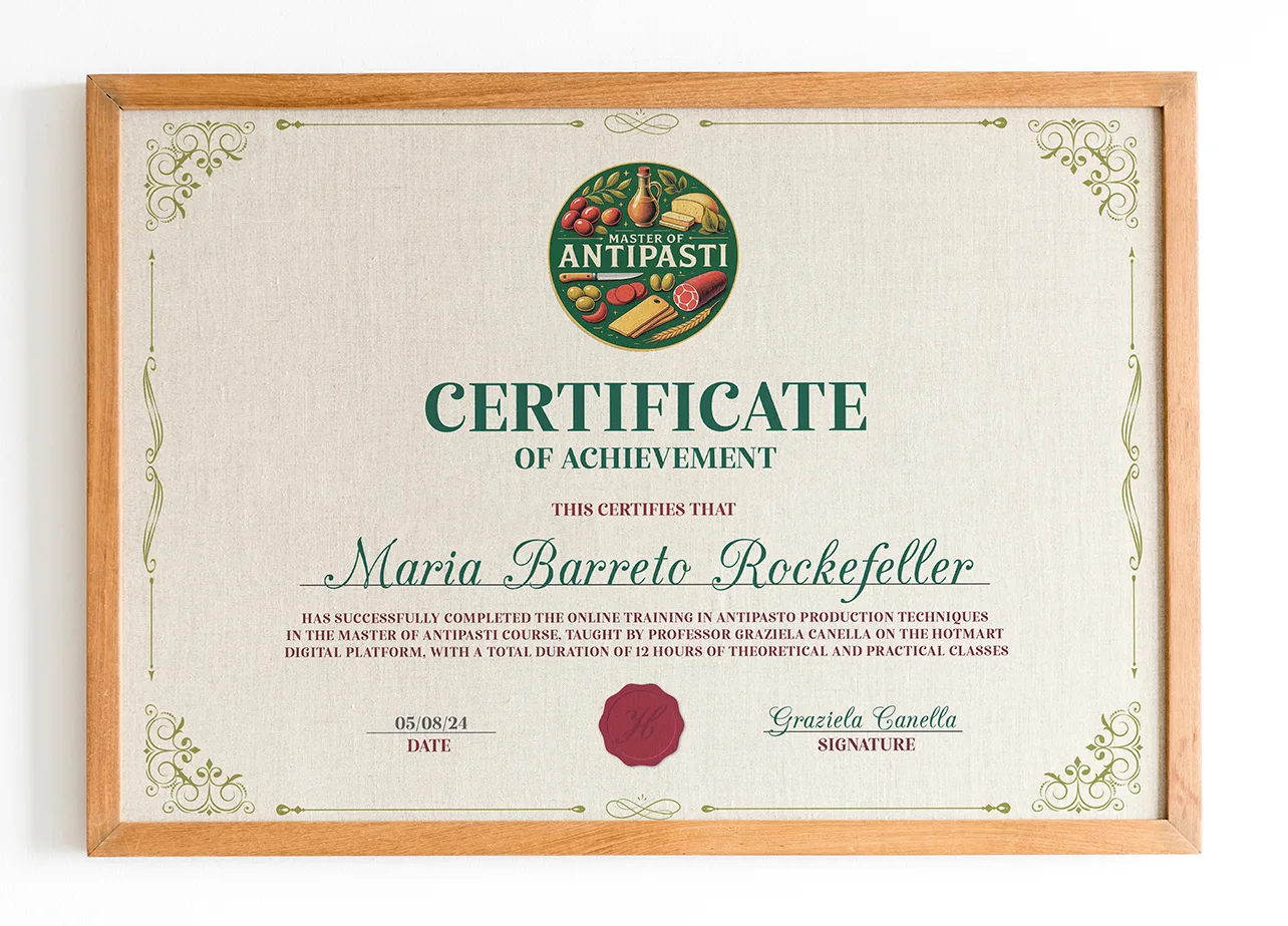 Certificate of completion from Master of Antipasti course with student name