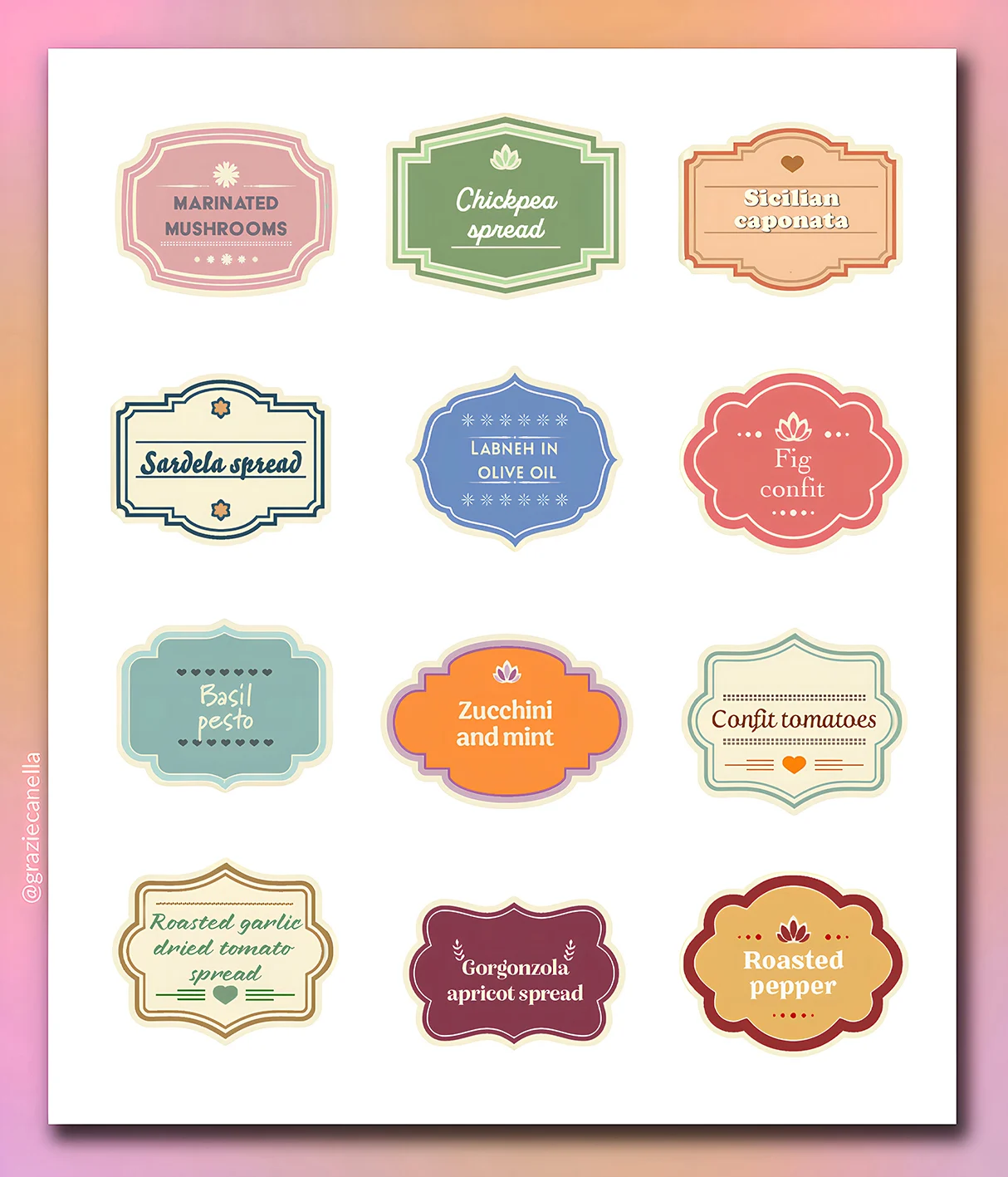 Sheet with 12 colorful printable labels for antipasti jars