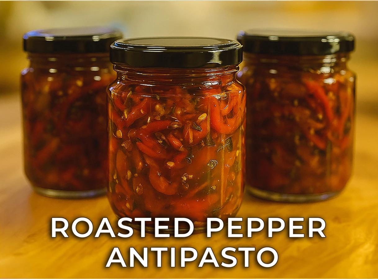 Jar or roasted red pepper antipasto with pepper slices in olive oil and herbs