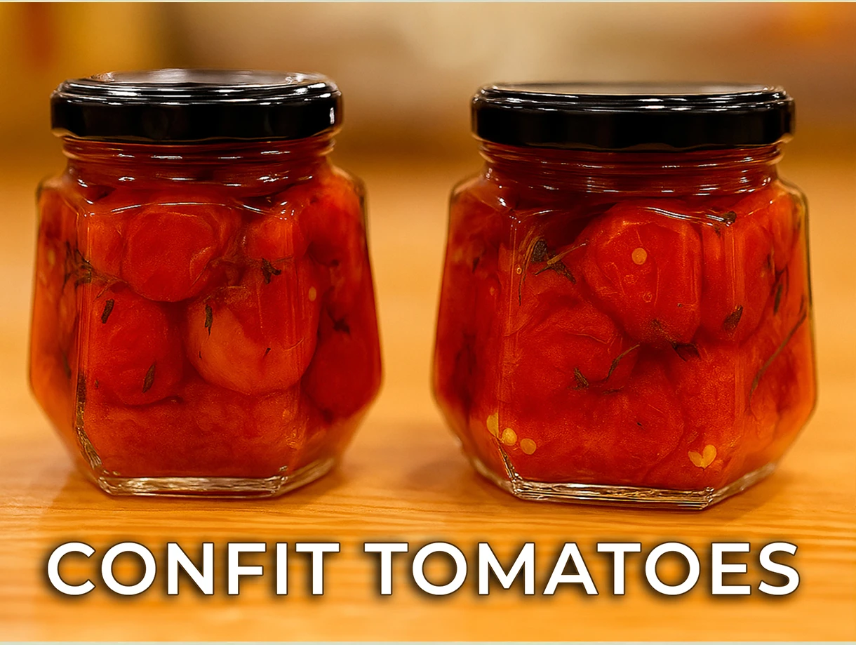 Jar of cherry tomatoes confit in oil with herbs and spices