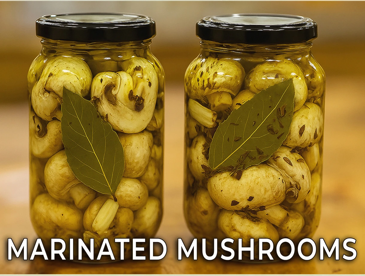 jars filled with marinated mushrooms with herbs