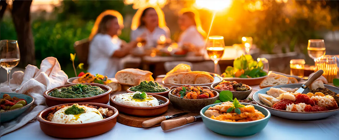 Outdoor table at sunset with various antipasti dishes, breads, and wine. In the background, a family enjoys the meal together.