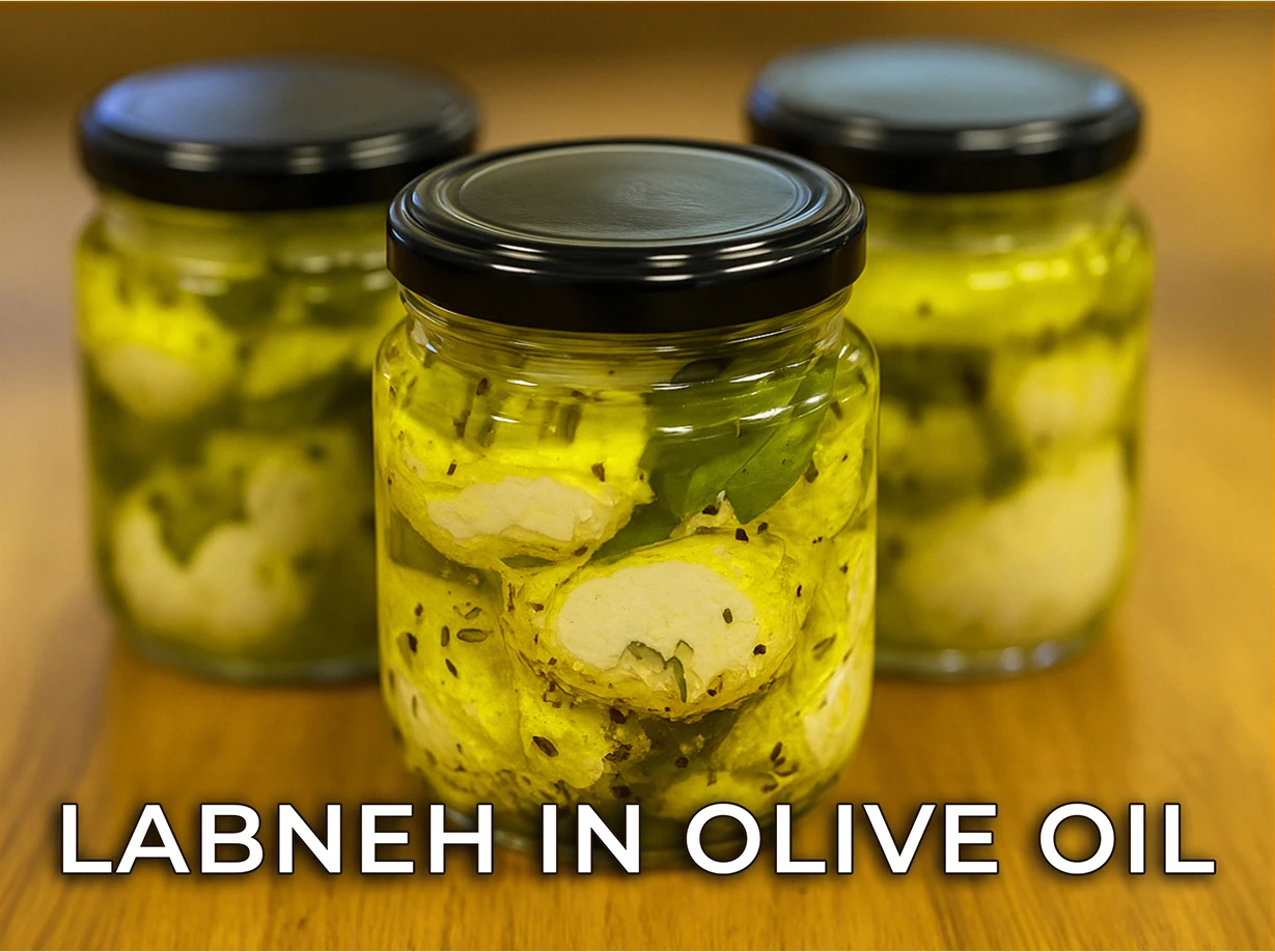Jar of labneh balls immersed in olive oil with herbs