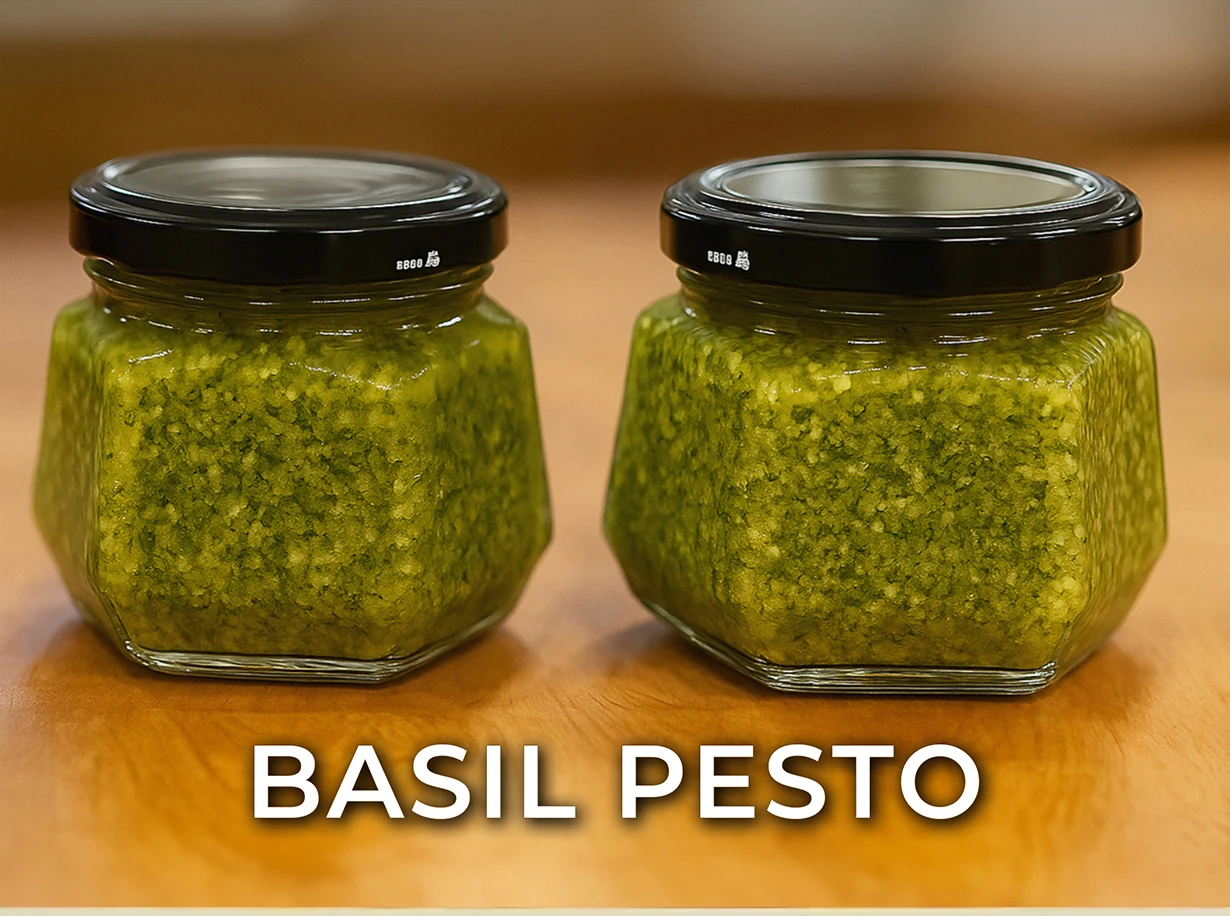 Jar of green textured basil pesto