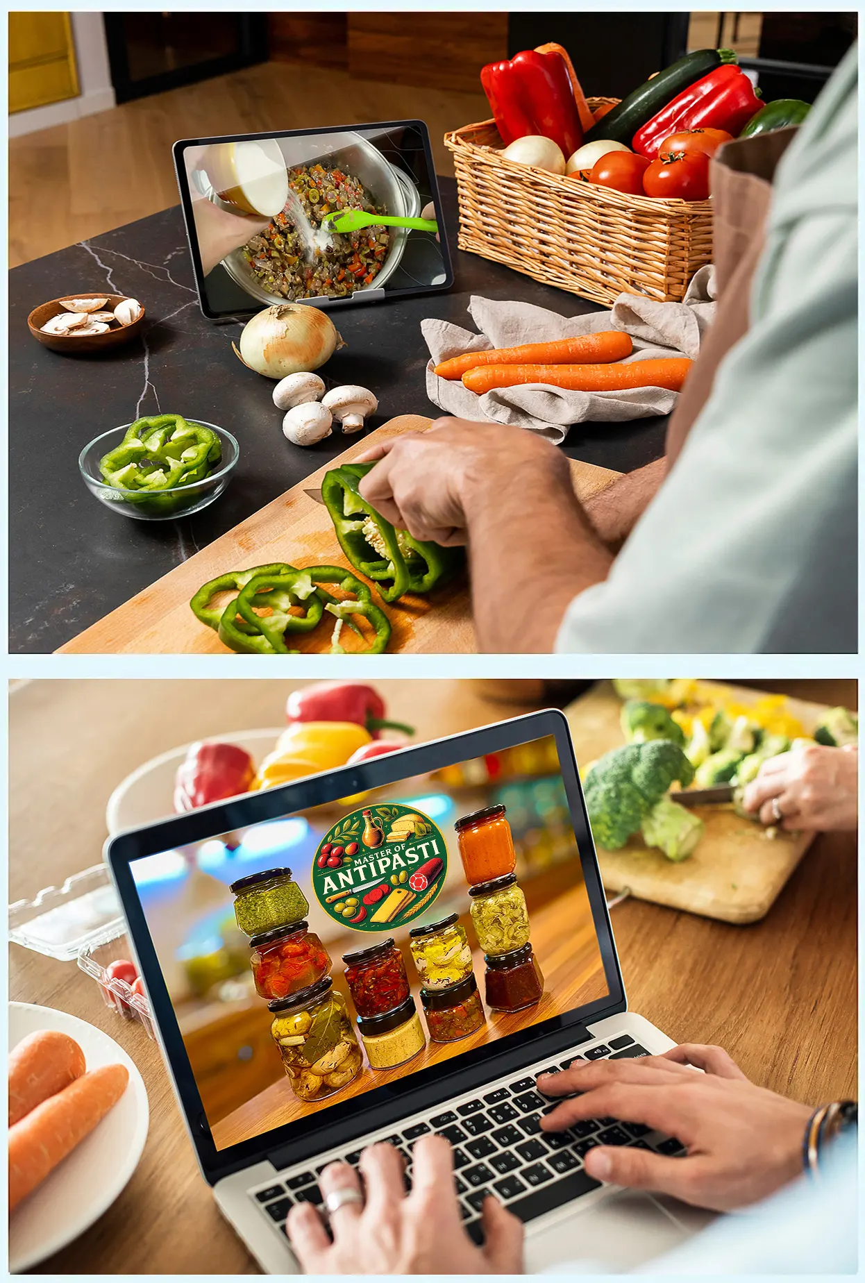 Person preparing antipasti while watching a class with a tablet in a home kitchen