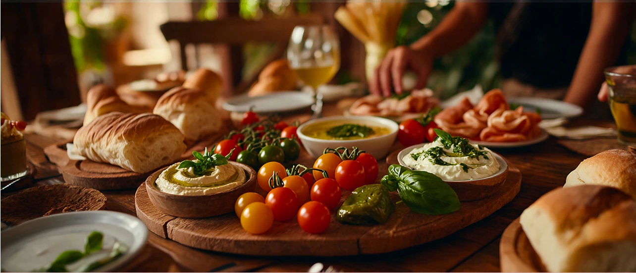 Table with assorted antipasti, bread, vegetables and a glass of wine