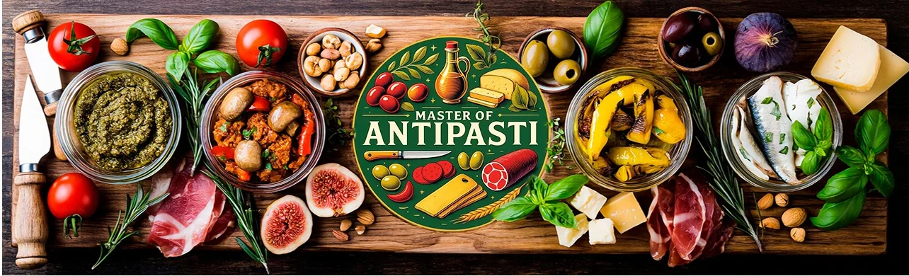 Master of Antipasti logo with vegetables, jars, and cooking utensils on a green background
