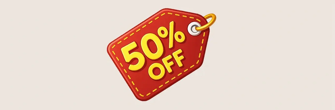 Red and yellow badge with '50% OFF' text