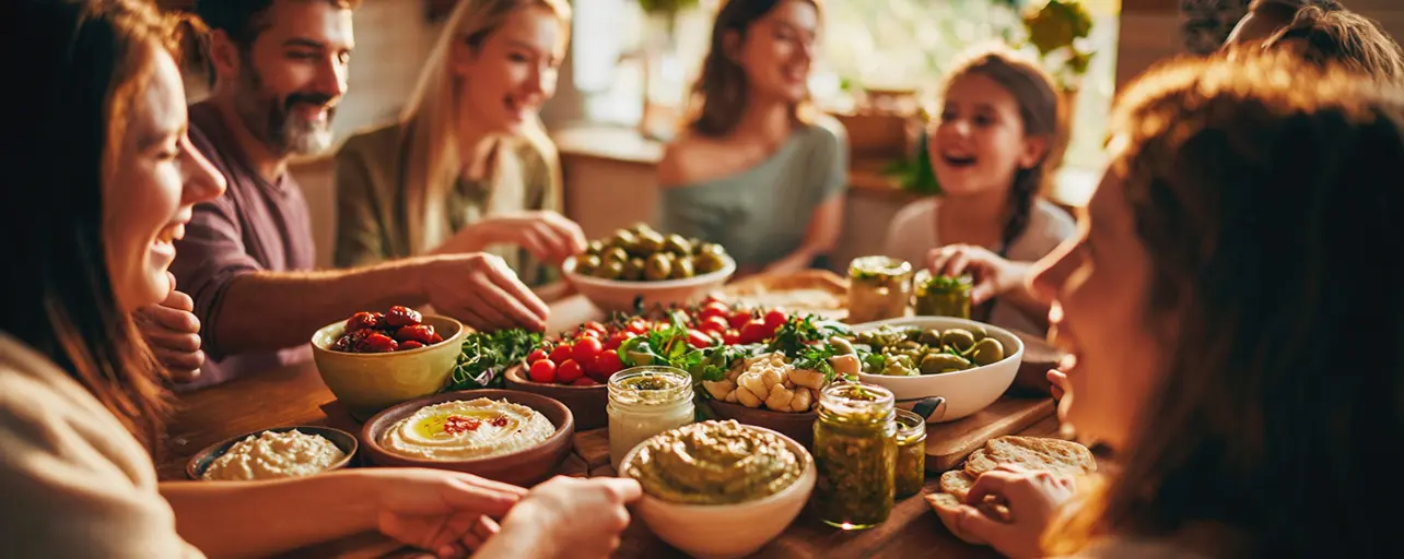 Group of friends and family smiling and enjoying antipasti around a wooden table filled with jars, spreads, olives, and fresh vegetables.
