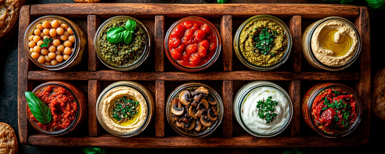 Ten glass jars with different antipasti spreads and ingredients, including chickpeas, cherry tomatoes, mushrooms, and herbs, arranged in a wooden tray with compartments.