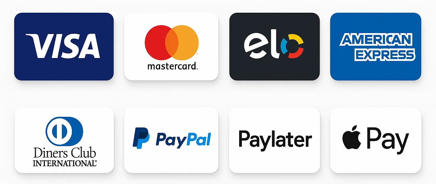 Icons of accepted payment methods: Mastercard, Elo, PayPal and PayLater