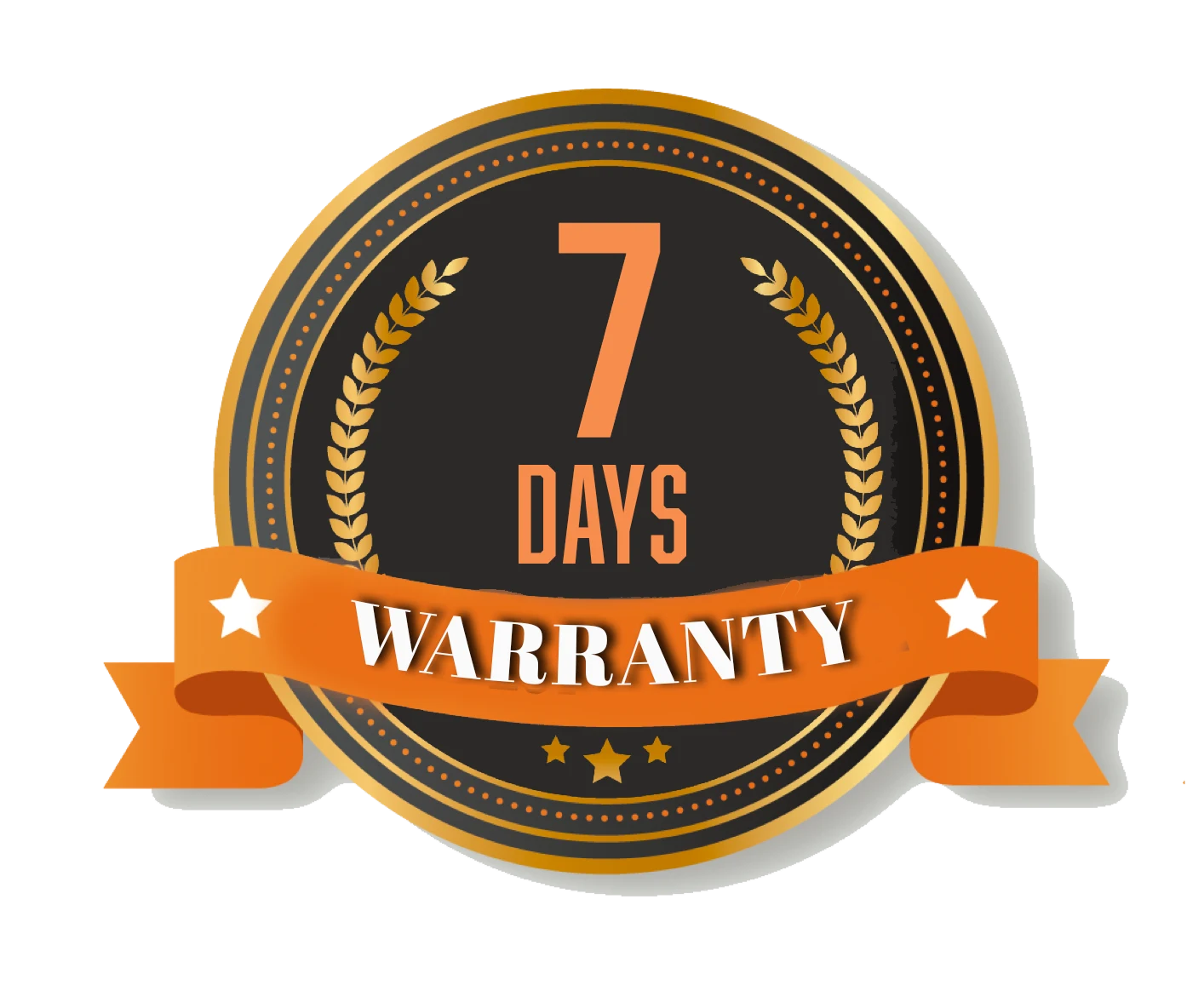 Orange badge reading '7 Days Warranty' with ribbon detail